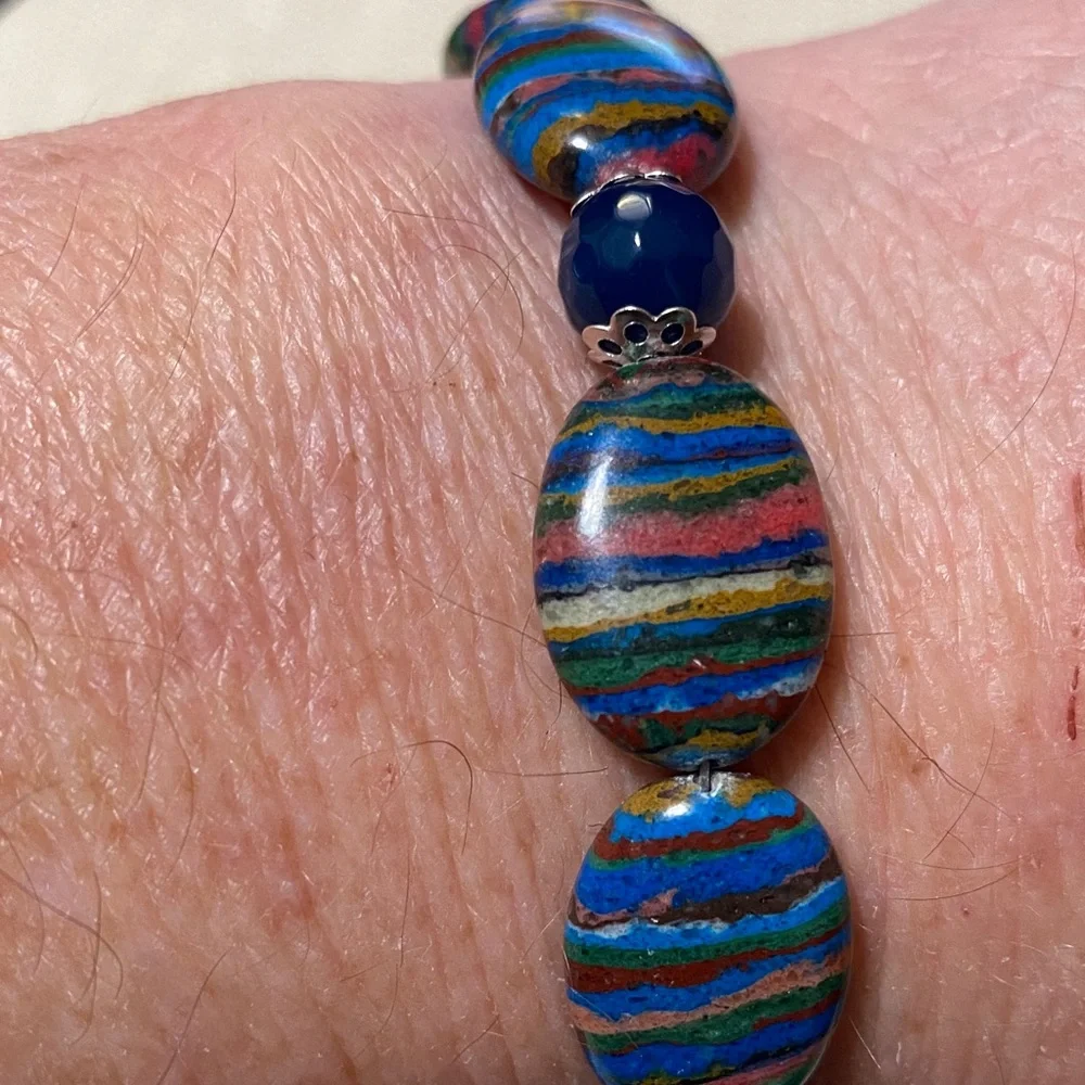 Natural genuine Rainbow Calsillica gemstone artisan Beaded 7.5” Bracelet